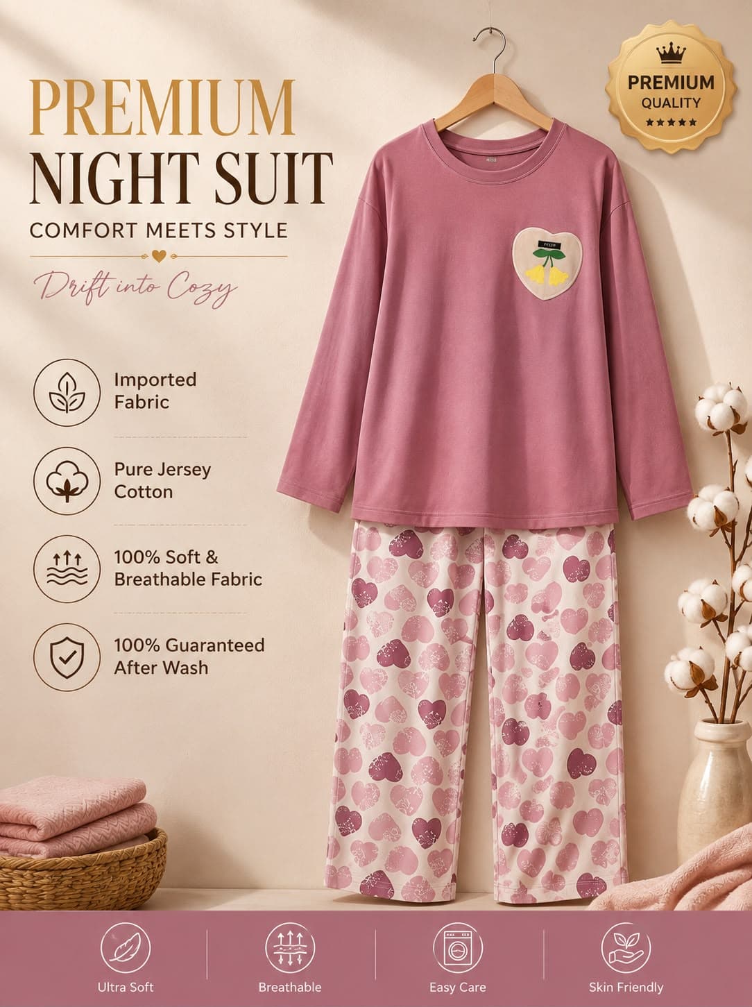 NEW ARRIVAL | Premium Women’s Two-Piece Night Suit FREE SIZE LARGE TO X LARGE