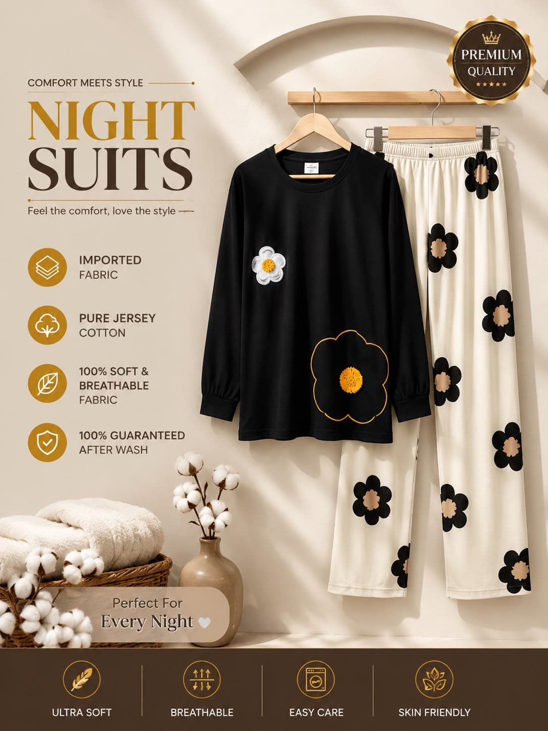 NEW ARRIVAL | Premium Women’s Two-Piece Night Suit FREE SIZE LARGE TO X LARGE