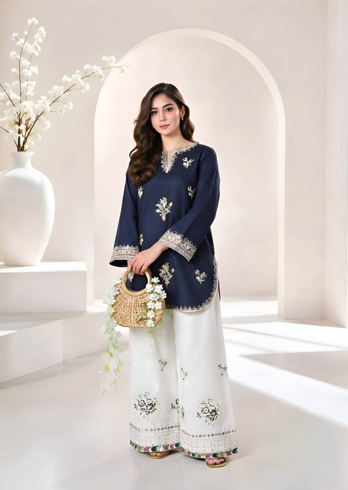 Elegance Unbound – Navy Blue Embroidered 2-Piece Suit buy Mira