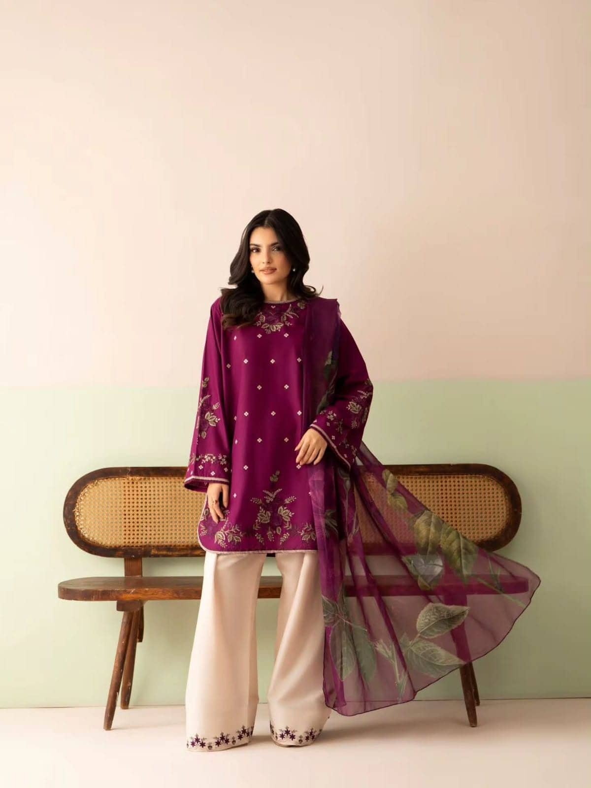Royal Plum – Magenta Embroidered 3-Piece Suit with Organza Dupatta Buy Maira