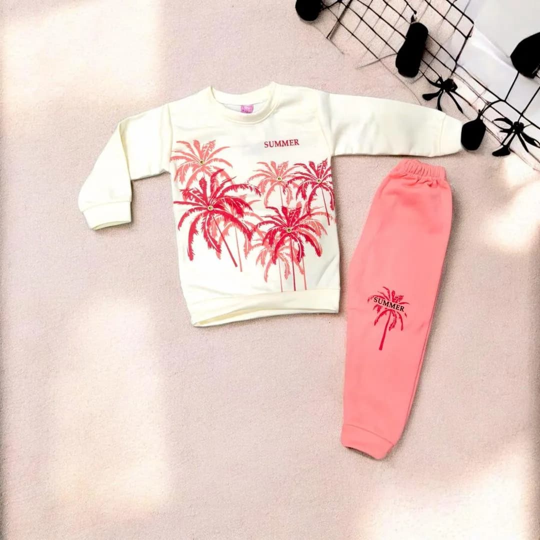 Girls Fleece Summer Set Cream Pink Palm Print