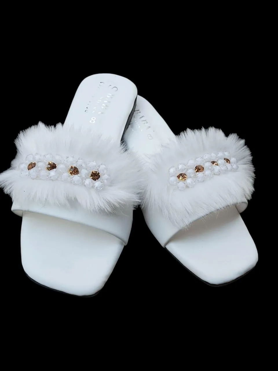 Women Synthetic Leather Rhinestone Slides White Size 6-10